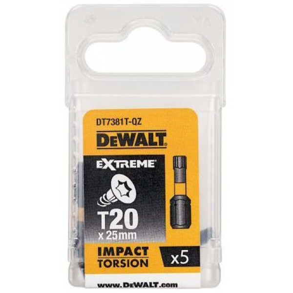 Картинка - Бита ударная DeWALT DT7381T IMPACT TORSION, Т20 мм,L раб.=25 мм, 5 штук
