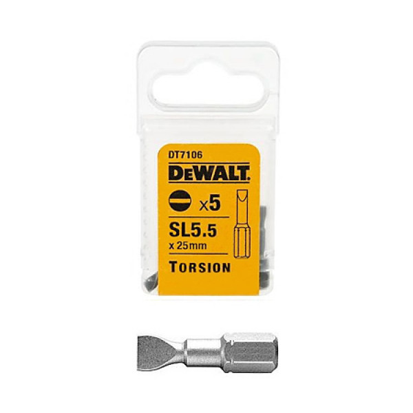 Картинка - Бита DeWALT DT7106 Torsion для шурупов с прямым шлицем, 5,5х 25 мм., 5 штук