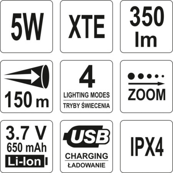Картинка - Фонарь светодиодный аккумуляторный XTE CREE YATO YT-08569