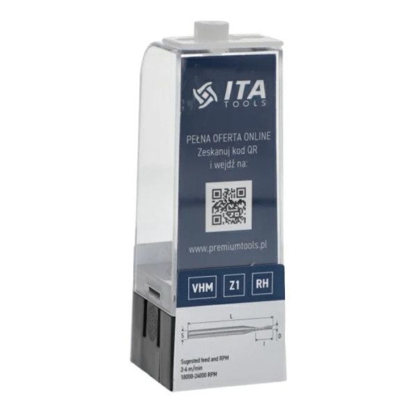 Фото - Фреза ITA TOOLS VHM Z1 D=3 I=12 L=60 S=6 RH позитив s=>пологий кут спіралі plexi