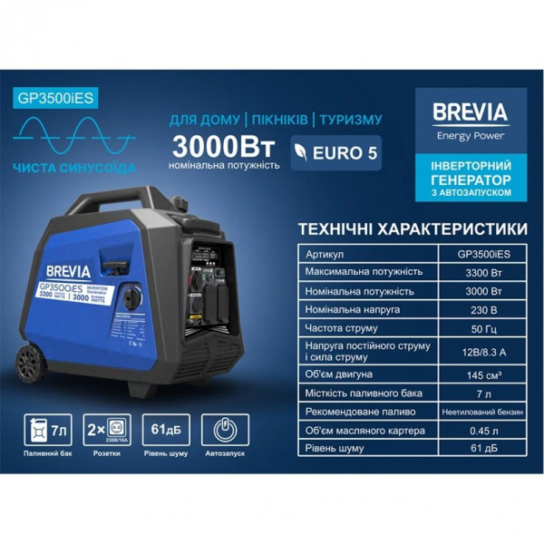 Фото - Генератор Brevia інверторний бензиновий 3,3 кВт (ном 3,0 кВт) GP3500iES