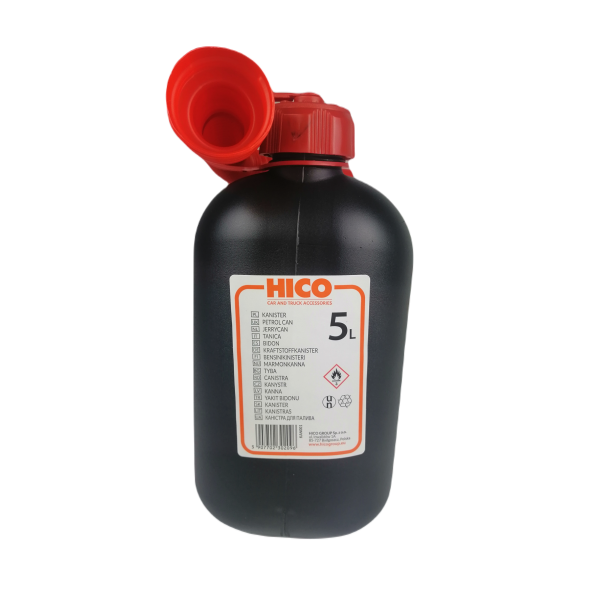 Картинка - Канистра для топлива HICO пластиковая с лейкой, черная 5 л (Польша)