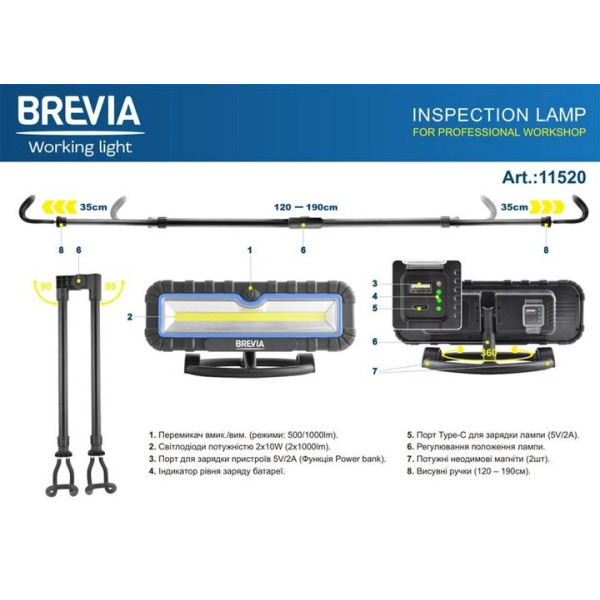 Картинка - Профессиональная инспекционная лампа Brevia 2x10W 120-190 см Power Bank, type-C 11520