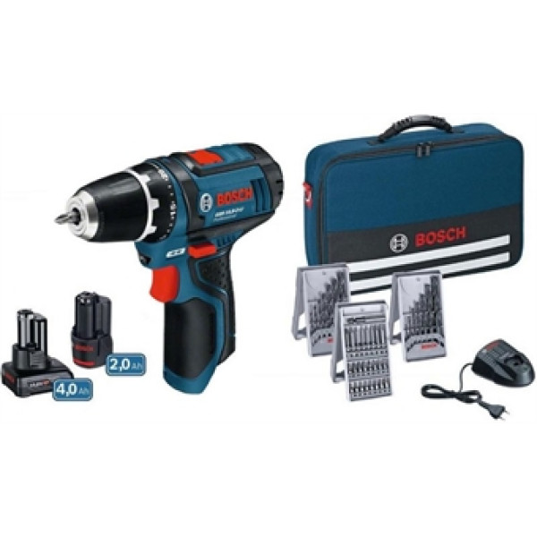 Картинка - Аккумуляторный шуруповерт Bosch GSR 12V-15 + Набор бит и сверл (39 шт.) с 2 акб 12V (2Ah+4Ah) и GAL 12V-20 в мягком кейсе (0615990G6L)