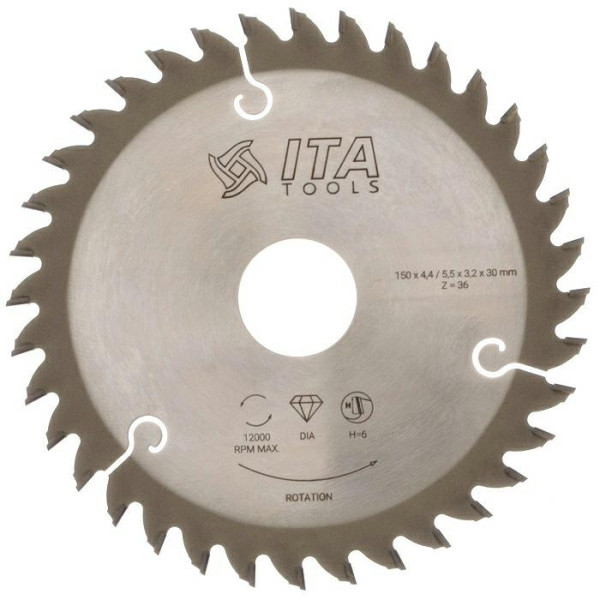 Картинка - Подрезная пила ITA TOOLS DSB.150030036.006 D = 150 F = 30 Z = 36 K = 4,4 / 5,5 P = 3,2 H = 6 DSB