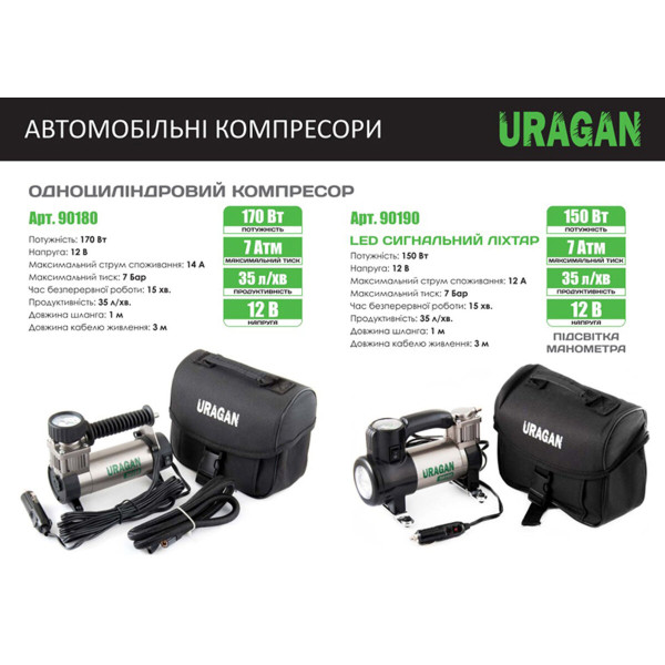 Картинка - Компрессор автомобильный Uragan, LED-сигнальный фонарь