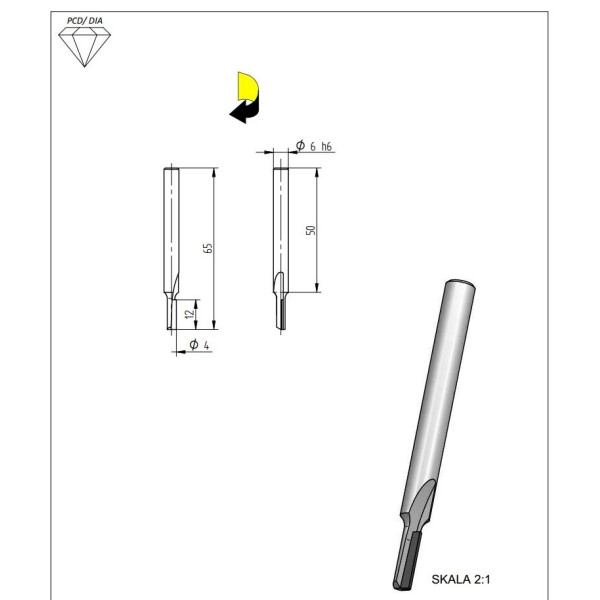 Фото - Фреза Алмазна; Пазова пряма D = 4 I = 12 L = 65 S = 6x50 Z = 1 (DT1.04.012.06.0MR)