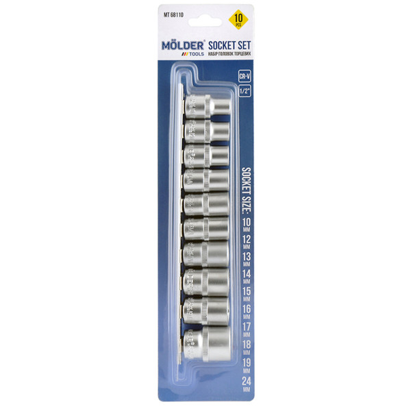 Картинка - Набор торцевых головок на планке Molder 1/2" 10-24мм CR-V 10шт
