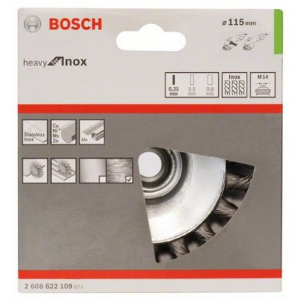 Фото - Щітка конусна плетений дріт Bosch Heavy for Inox 115 мм М14