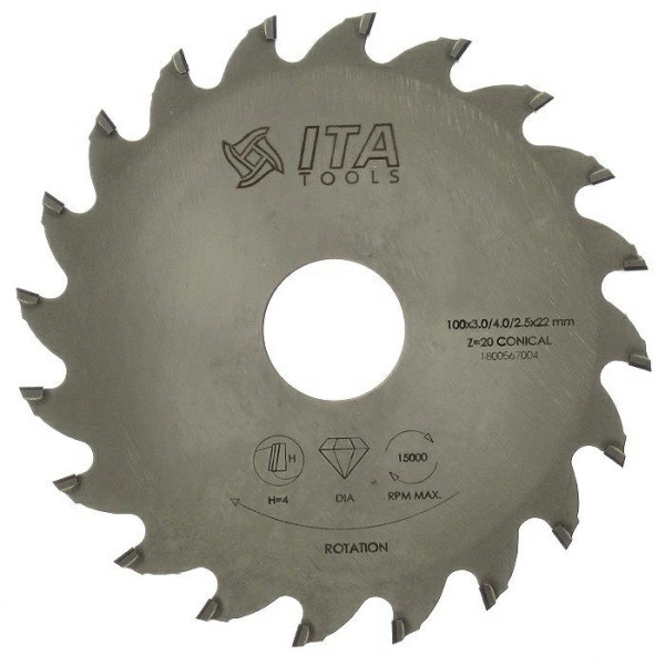 Картинка - Пила подрезная ITA TOOLS DSB.100022020.004 D = 100 F = 22 Z = 20 K = 3,0 / 4,0 P = 2,5 H = 4 DSB