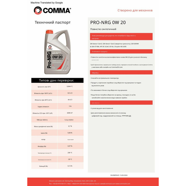 Картинка - Моторное масло Comma PRO-NRG 0W-20 5л