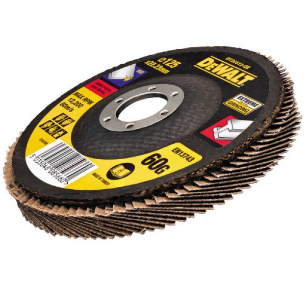 Картинка - Круг шлифовальный лепестковый плоский DeWALT Extreme, металл, 125x22.23 мм, зерно 60G