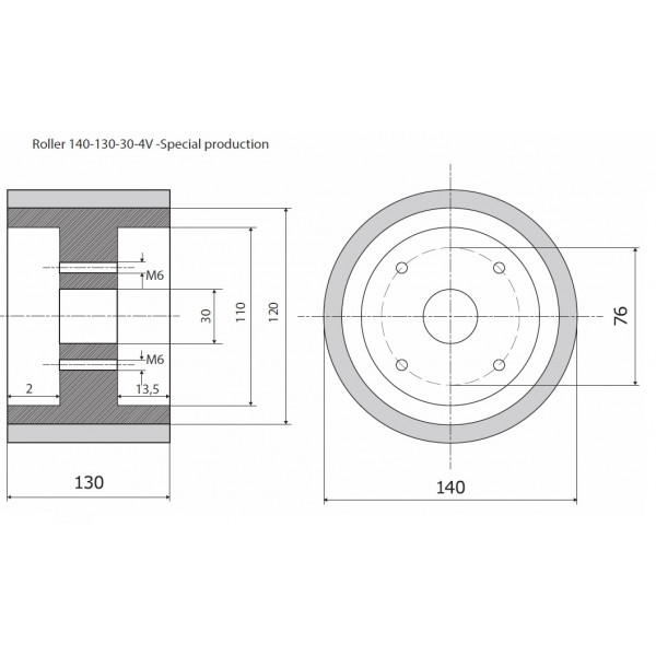Картинка - Ролик 140-130-30-4V резинка LEC - prod. spec