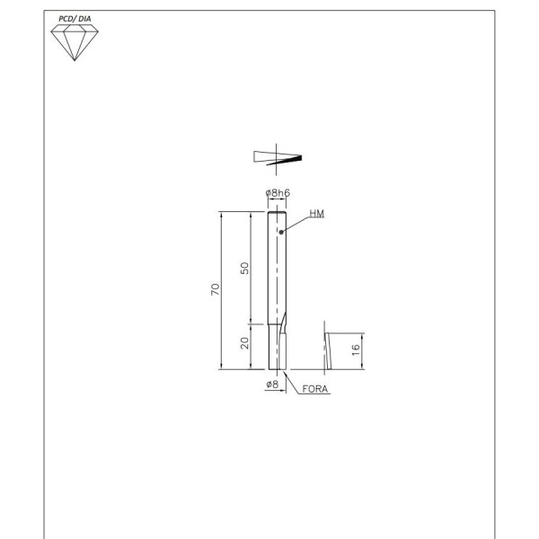 Фото - Фреза Алмазна; Пазова пряма D = 8 I = 16 S = 8x50 L = 70 Z = 1 H3,0 RH PRO. корпус HW DT1