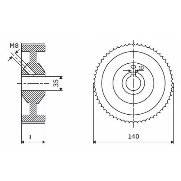 Картинка - Ролик металлический D = 140 F = 35 I = 50 chrom профиль A, скошенный Weinig паз 10 мм.