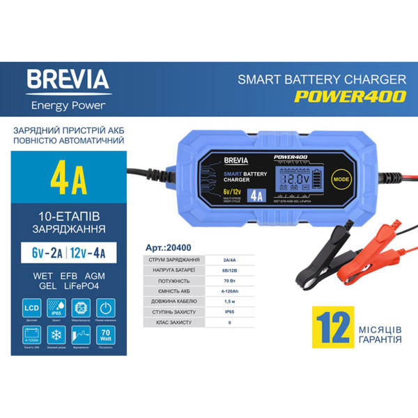 Картинка - Зарядное устройство АКБ Brevia Power400 6V/12V, 4A