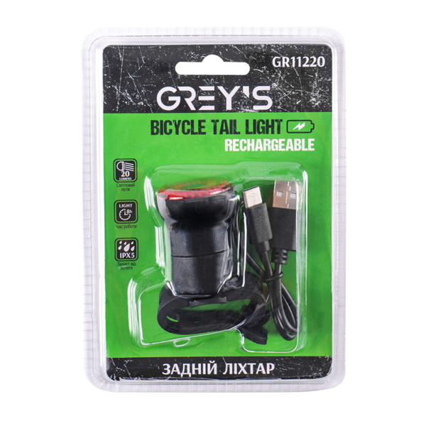 Картинка - Фонарик на велосипед задний Grey's 20хLEDs 20lm 400mAh