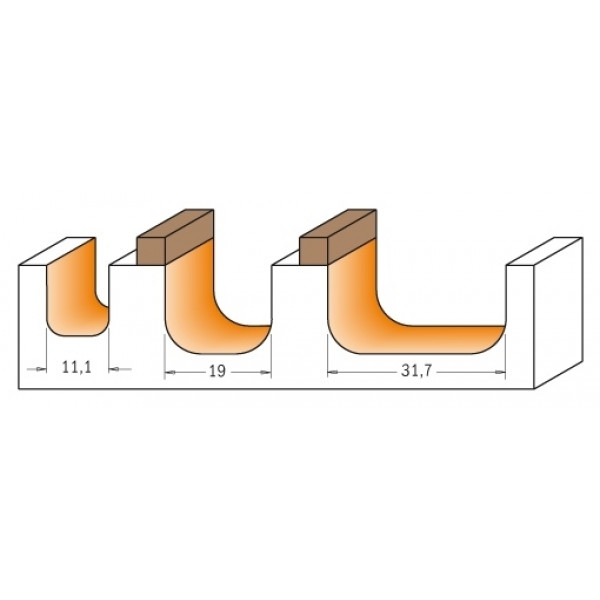 Картинка - Фреза для желобов и чаш HM D = 19 I = 16 R = 6,4 S = 6 + верхний подшипник (751.002.11B)