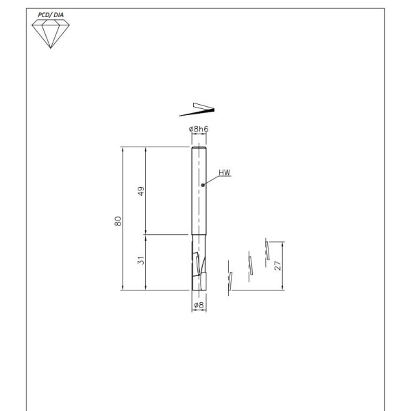 Фото - Фреза алмазна DIA D = 8 I = 27 L = 80 S = 8x50 RH Z = 3 корпус HM DTA