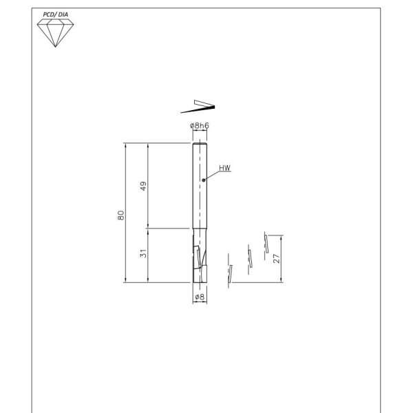 Фото - Фреза алмазна DIA D = 8 I = 27 L = 80 S = 8x50 RH Z = 3 корпус HM DTA