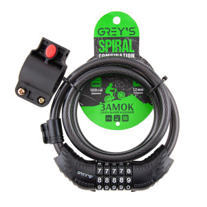 Велозамок Grey's спиральный кодовый с креплением 12*1000мм