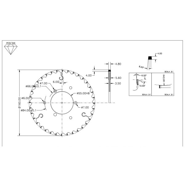 Картинка - Подрезная пила ITA TOOLS DSB.160055036.014 D = 160 F = 55 Z = 36 K = 4,8 / 5,6 P = 3,5 H = 4 PH 3/7/66 + 3/6/84 DSB