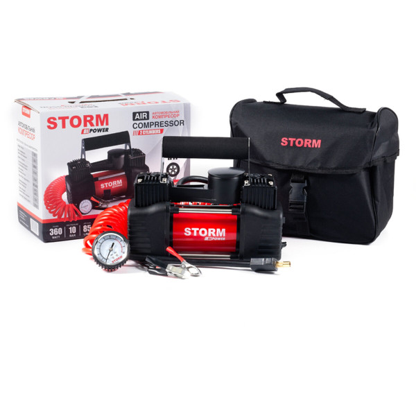 Картинка - Компрессор двухцилиндровый автомобильный Storm Bi-Power10 Атм 85 л/мин 360 Вт