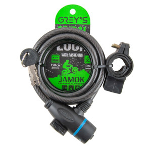 Велозамок Grey's спиральный с креплением 10*1500мм