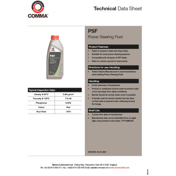 Картинка - Гидравлическая жидкость Comma POWER STEERING FLUID 1л
