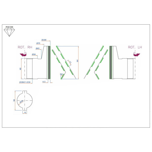 Фото - Фреза насадна D = 100 l = 64 d = 30 + 2CH Z = 3 + 3 -24 H = 4,5 LH верхня фаска DGM