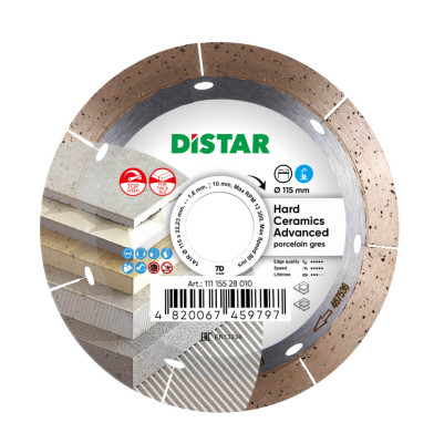 Диск алмазный отрезной Distar 1A1R 115x1,6/1,2x10x22,23 Hard ceramics Advanced