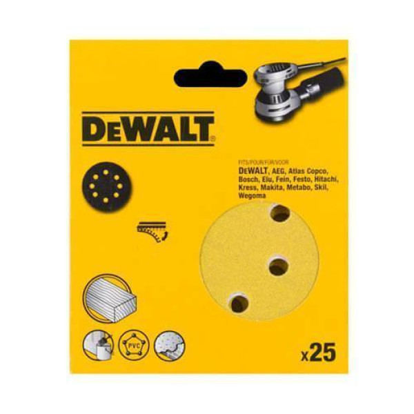 Картинка - Шлифшкурка самоклеющаяся DeWALT, d=150мм, зерно 320, для эксцентриковых шлифмашин DW 443/ES5, 25шт.